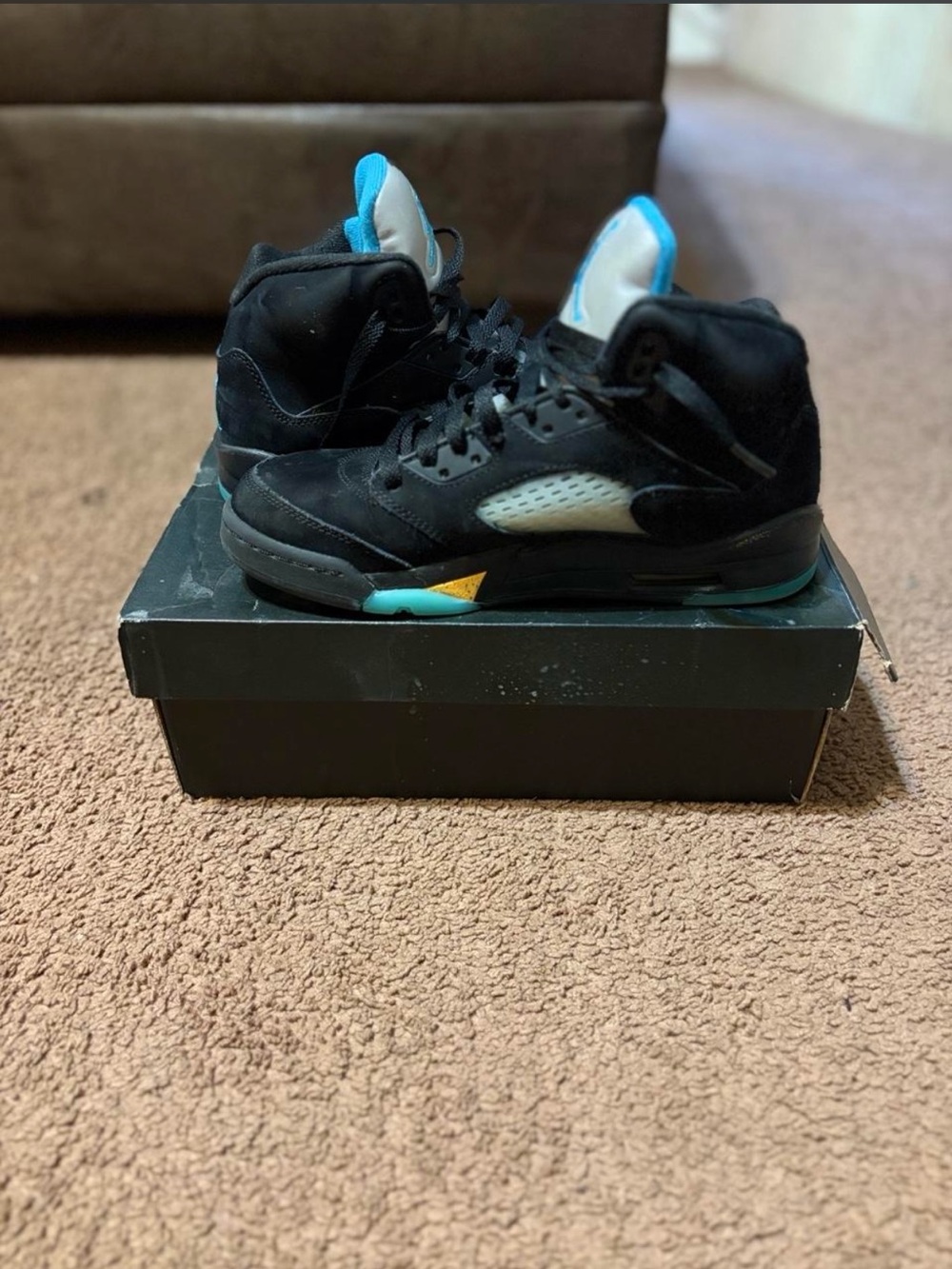 Nike Kids Black and Teal High-Top Sneakers with Yellow Accent
